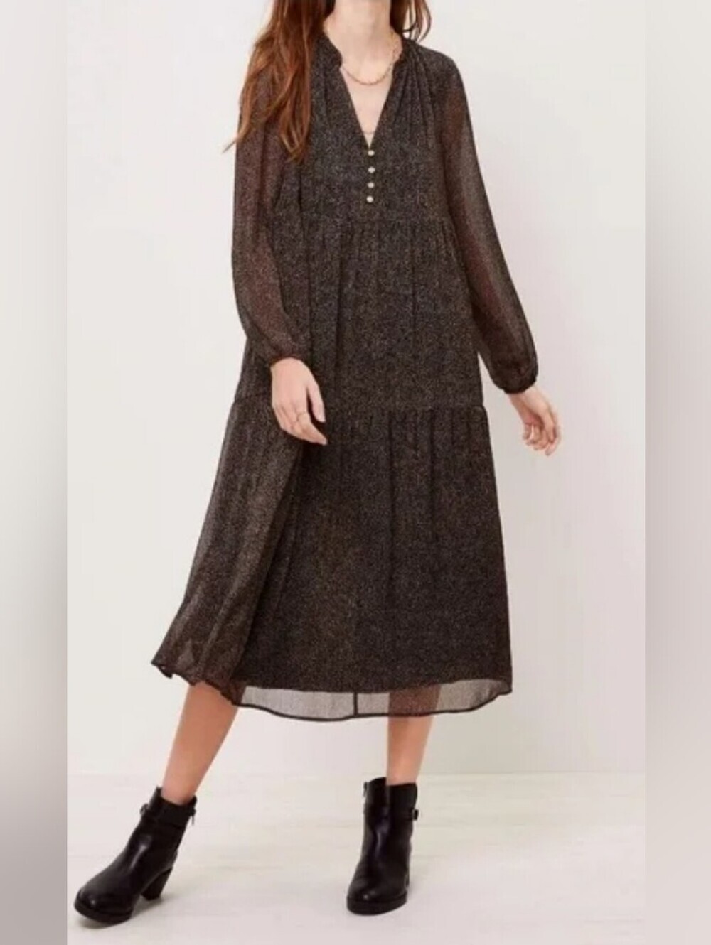 LOFT Long Sheer Sleeve Tiered Midi Dress Med